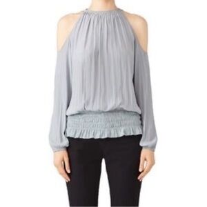 Ramy Brook Lauren Cold Shoulder Smocked Waist Satin Keyhole Blouse Womens Small